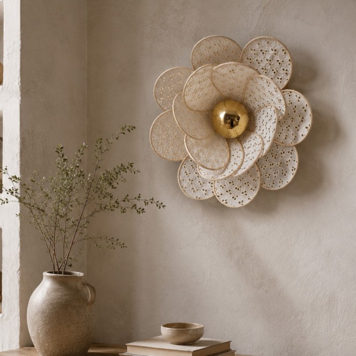 Applique murale fleur, modèle Nénuphar, 16 pétales en rotin et broderie écrue