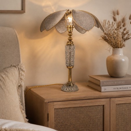Lampe à poser fleur Lotus dorée avec pied en verre ancien et abat-jour floral de 50 cm
