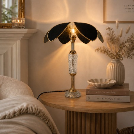 Lampe à poser fleur Lotus avec abat-jour en lin noir et pied en verre ancien.