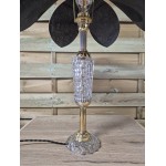 Lampe à poser fleur Lotus avec abat-jour en lin noir et pied en verre ancien.