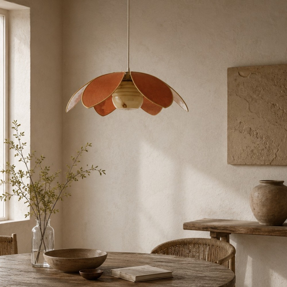 Suspension fleur Lotus en lin rouille avec globe vintage jaune moutarde marbré de 50 cm.