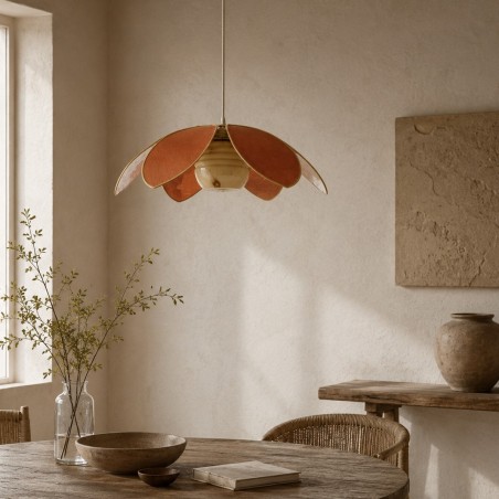 Suspension fleur Lotus en lin rouille avec globe vintage jaune moutarde marbré de 50 cm.