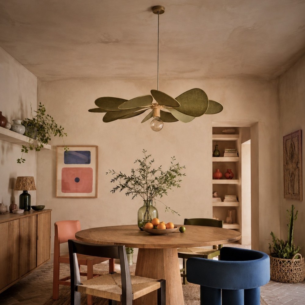 Grande suspension fleur Orphéa, 12 pétales en métal et lin