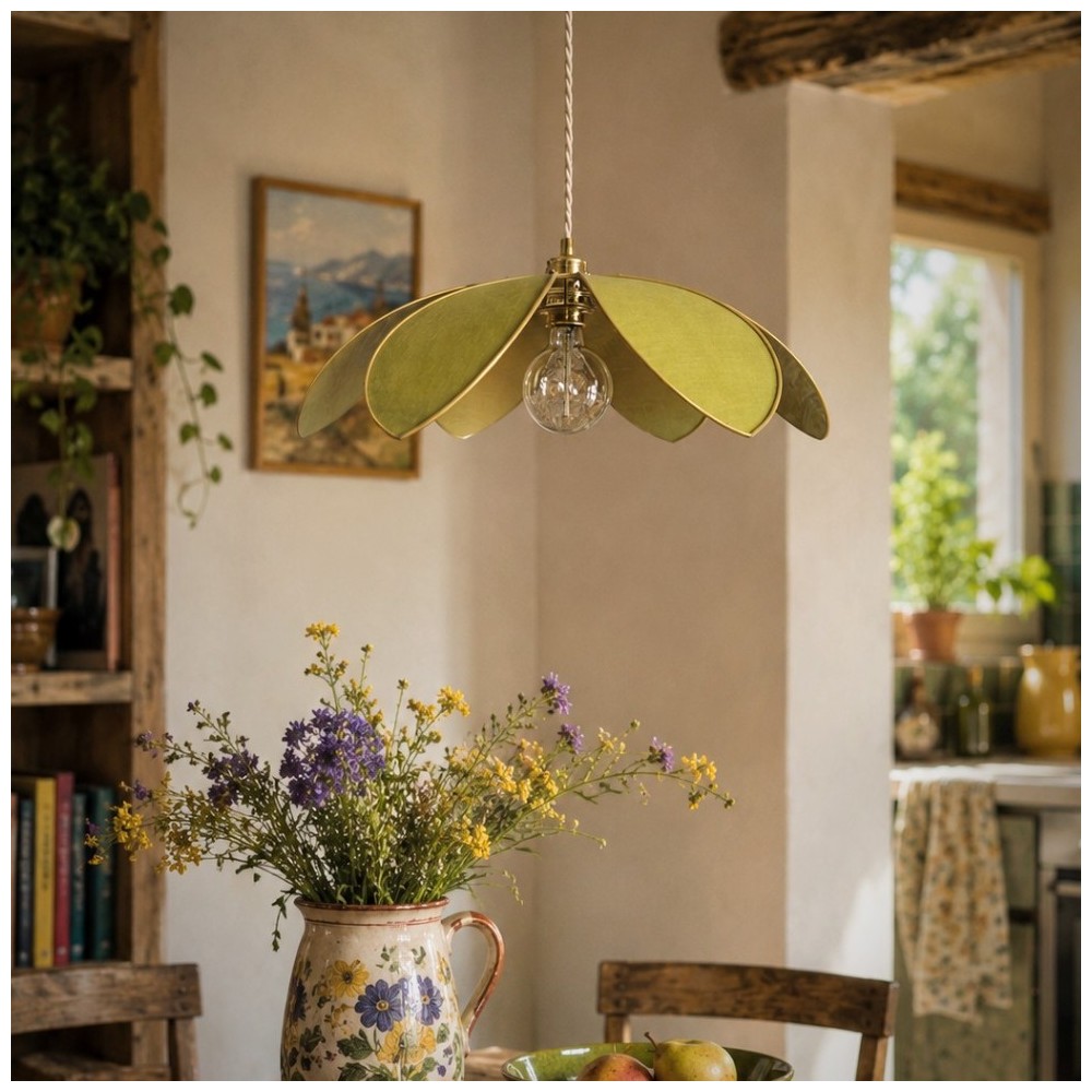 Suspension fleur Lotus, pétales en métal et lin