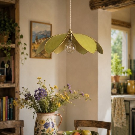 Suspension fleur Lotus, pétales en métal et lin
