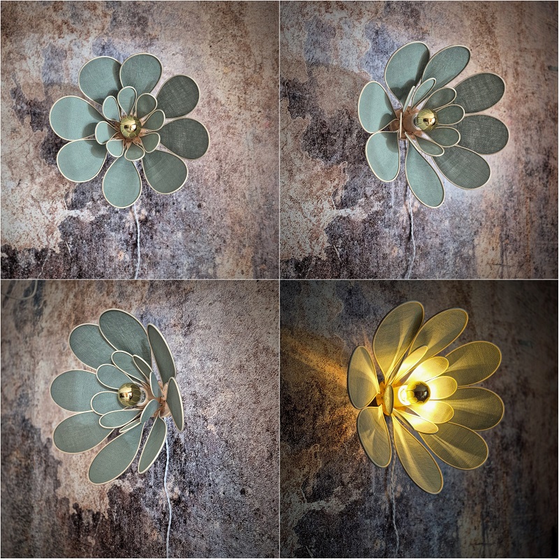 Applique murale fleur, modèle Nénuphar, 16 pétales en rotin et lin vert céladon, pour une déco fleurie et bohème