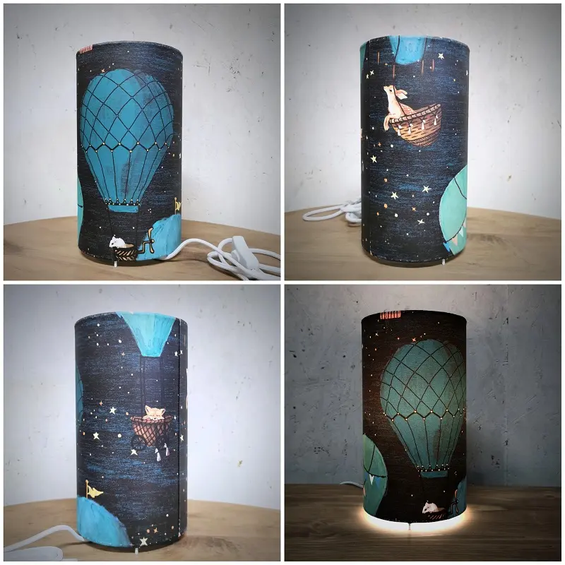 Lampe tube à poser, lampe de chevet, imprimé animaux et montgolfiières